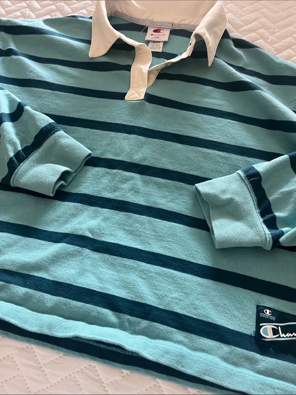 Champion Women’s Teal & Navy Striped Rugby Polo with Cream Collar Sz XXL